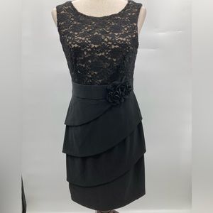 Connected Apparel Women’s Black/ Nude Lace Flower Belt Dress